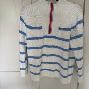 Talbots Cream and Blue Striped Zip-Neck Sweater with Red Trim